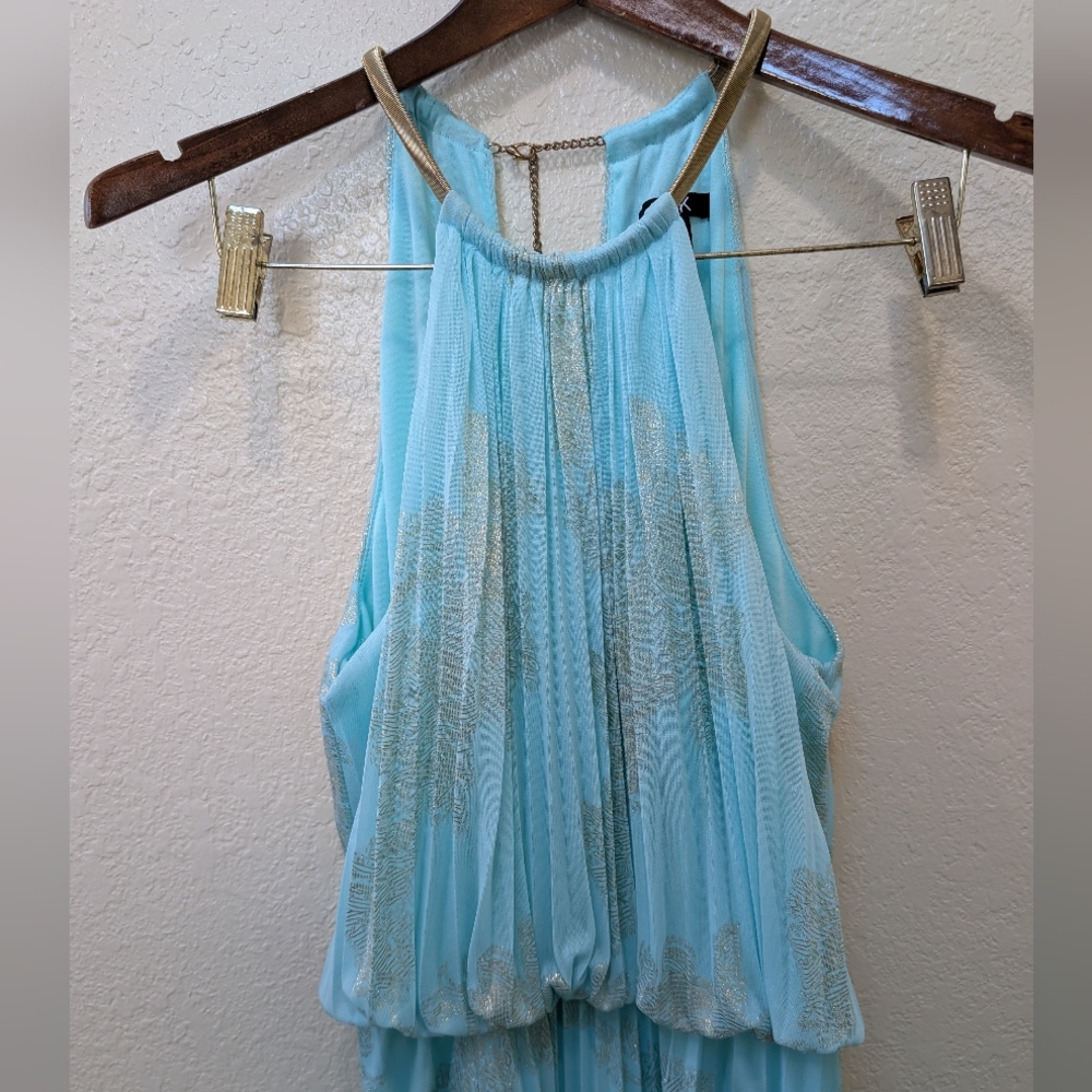 Elegant MSK Light Blue Formal Dress With Gold Accents And Gold Chain. Size 8